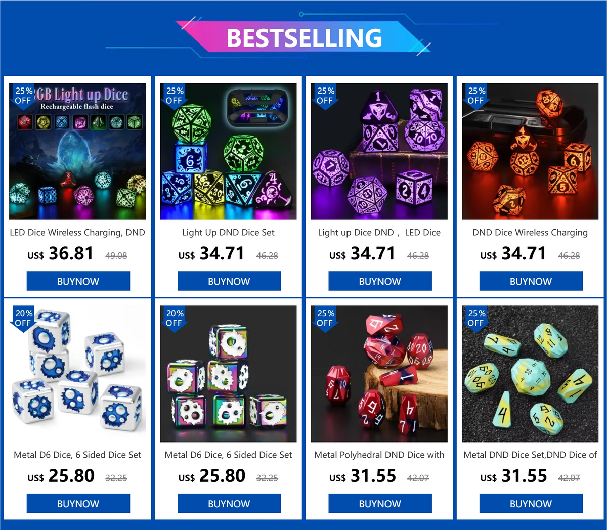 Metal Polyhedral DND Dice with glow-in-the-dark effect