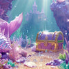 A fantasy scene featuring a purple castle, glowing sea flora, and an ornate golden chest in an underwater setting.