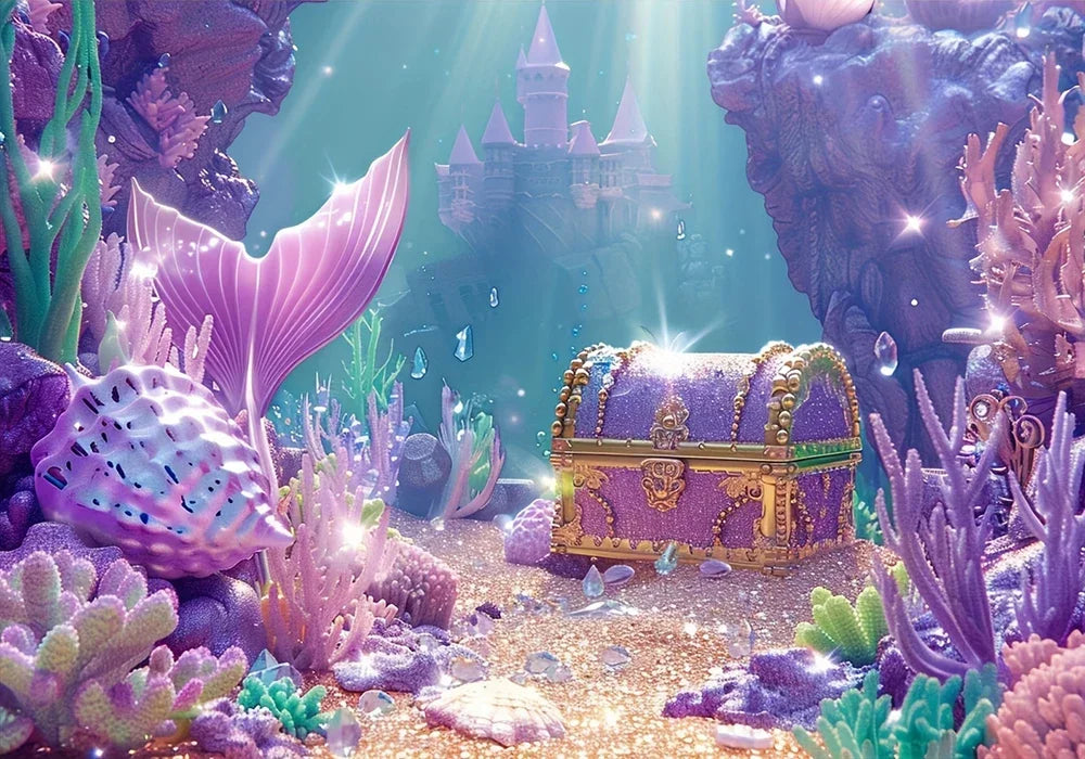 A fantasy scene featuring a purple castle, glowing sea flora, and an ornate golden chest in an underwater setting.