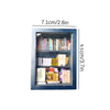 A dark blue wooden miniature bookshelf ornament with two shelves filled with books.