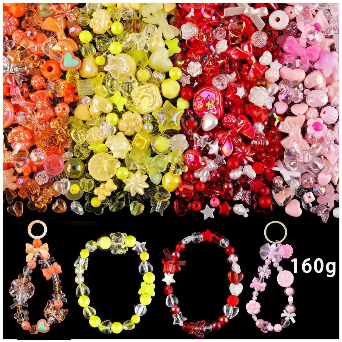 A colorful mix of acrylic beads in various shades including red, yellow, and pink used for DIY jewelry making.