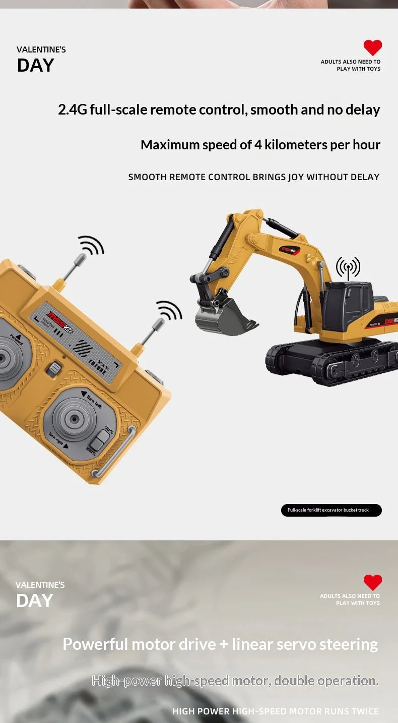 A yellow full-scale remote control excavator truck with a black remote control and a green attachment.