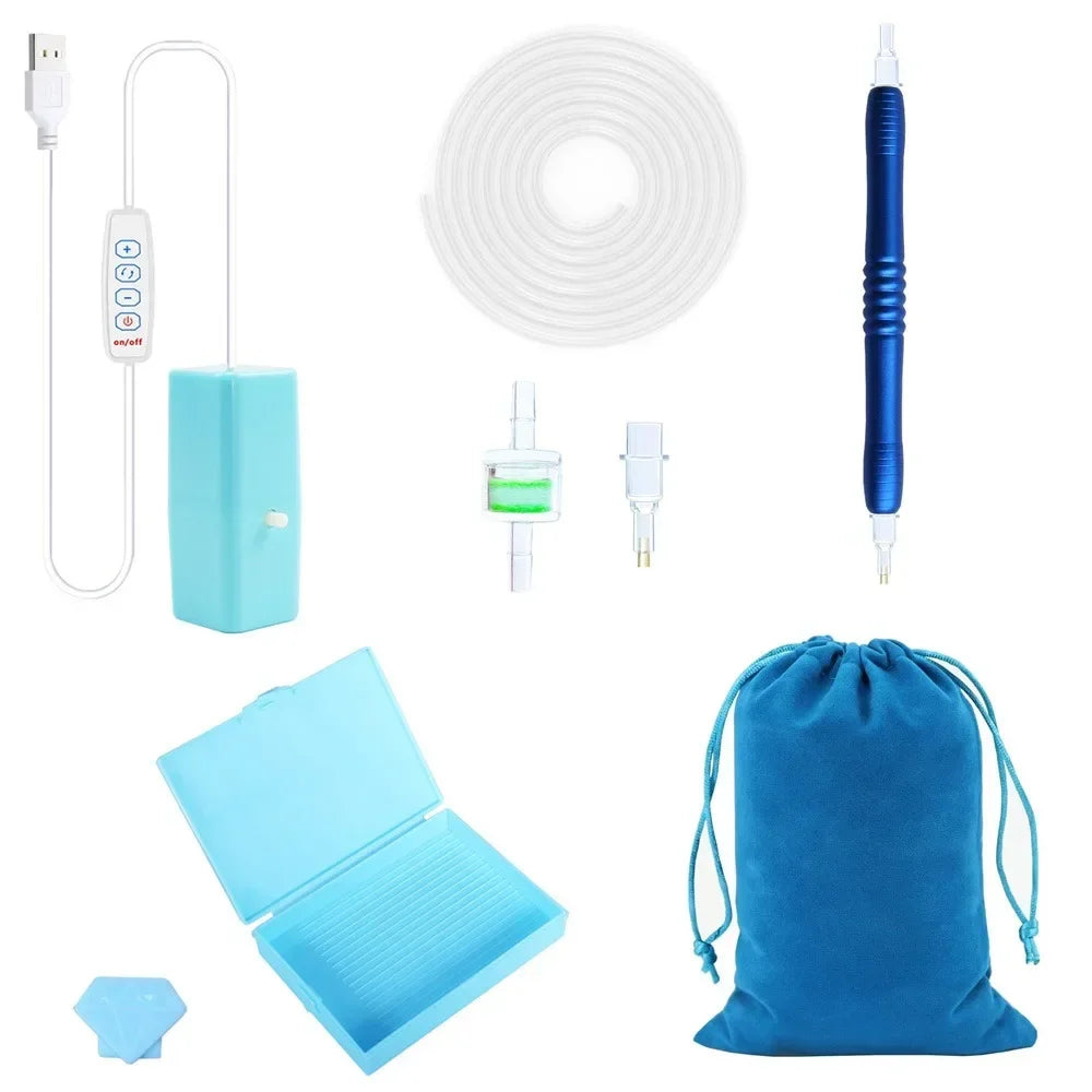 A kit for electric diamond painting featuring a pen, suction tool, and blue paint bag.