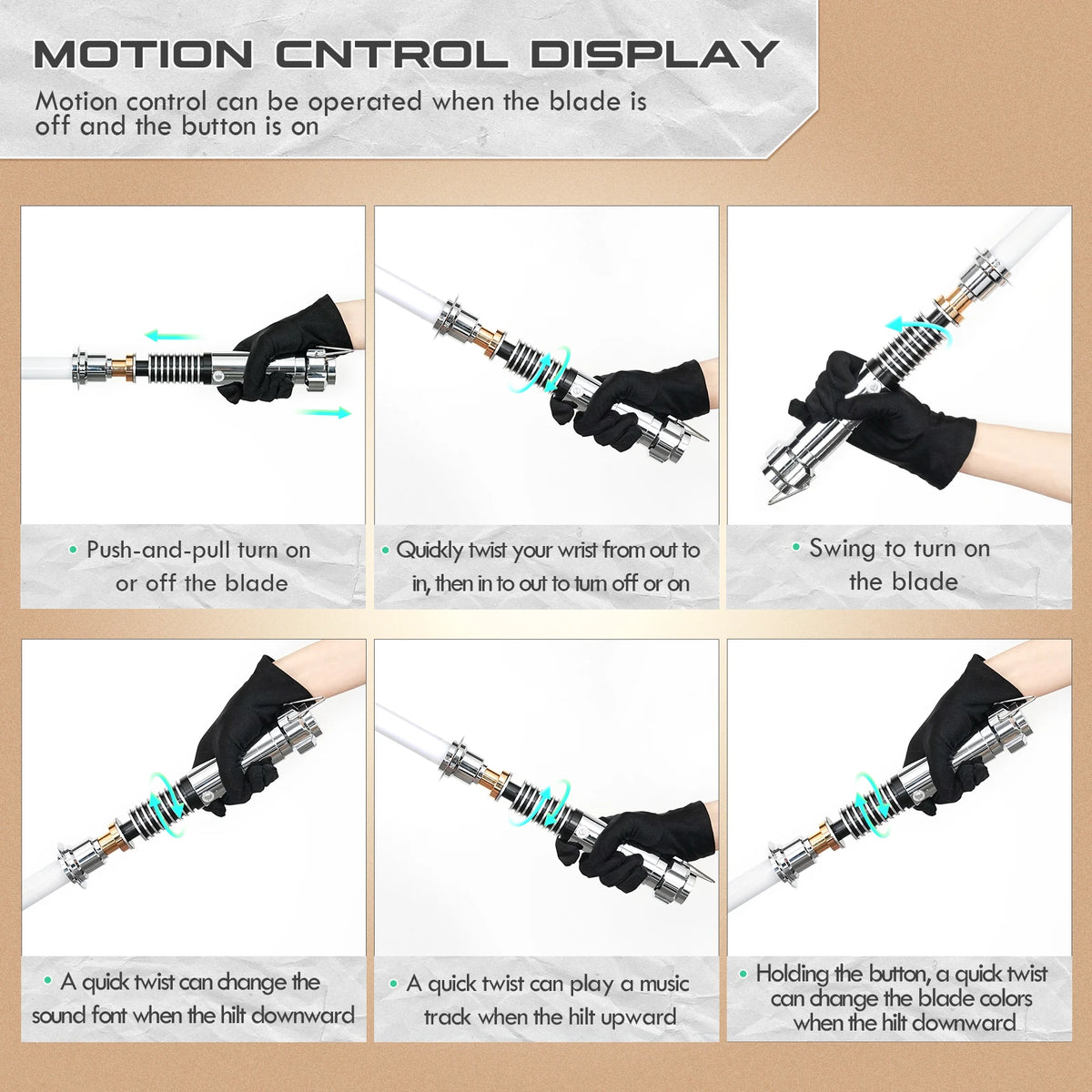 Démonstration des fonctionnalités de contrôle de mouvement pour une prop de sabre laser, incluant les fonctions pousse-tir, t