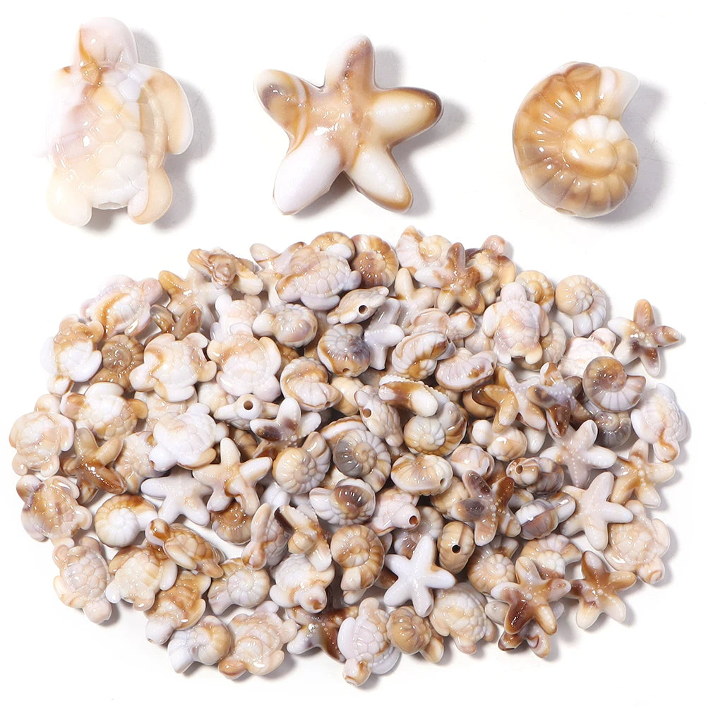 Variety pack of acrylic beads shaped like starfish, conch, and turtle for ocean series jewelry making