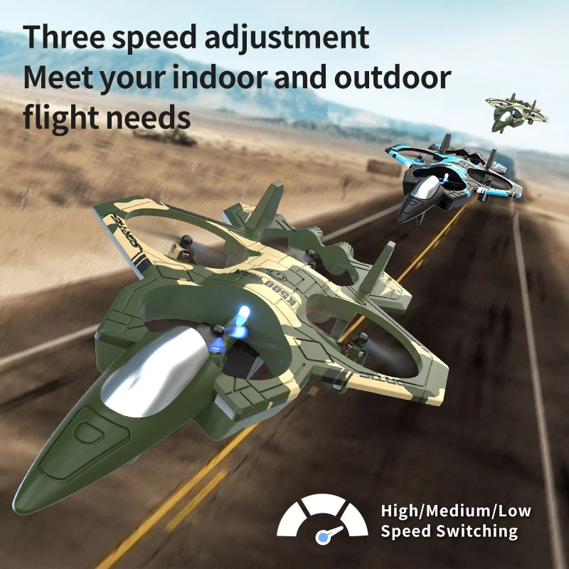 A green and tan electric RC fighter plane is shown in flight against a blurred landscape, demonstrating three-speed adjustmen