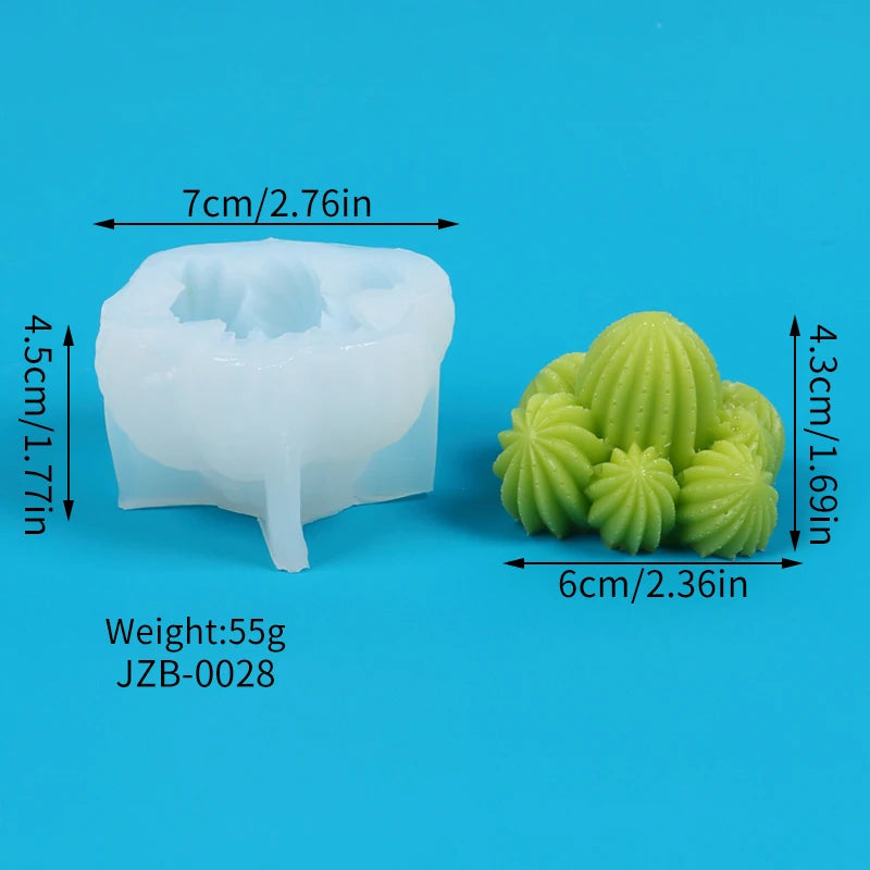 A white silicone mold shaped like a cactus or succulent is shown next to a green, textured silicone product.