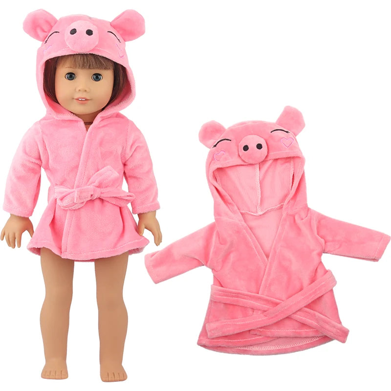 A pink cartoon pig bathrobe and nightgown set for a doll