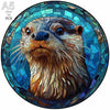 A detailed painting of a cat's face with long whiskers and brown fur, set within a blue mosaic frame.