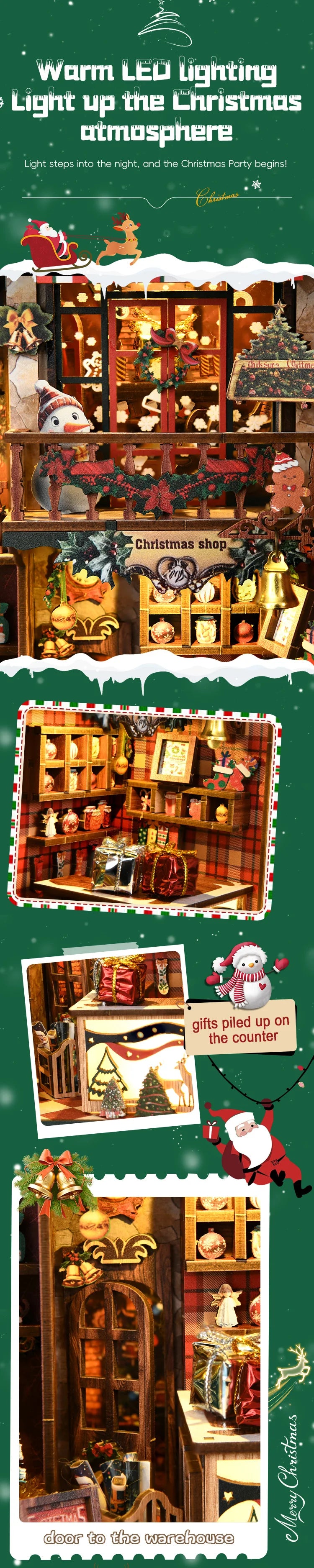 DIY Book Nook Kit – Christmas Shop Miniature Wooden Model with Lights