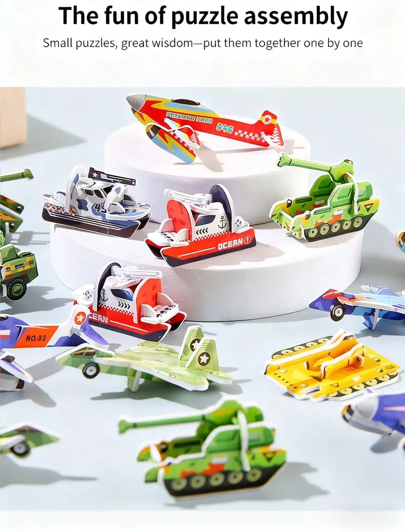 A collection of colorful foam puzzle pieces shaped like various animals and vehicles, including planes, tanks, and boats, arr