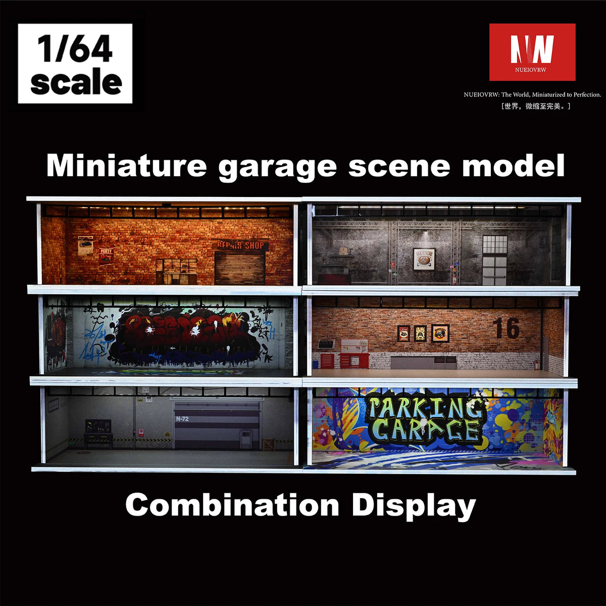 A miniature garage scene model featuring a combination display of various car and storage elements.
