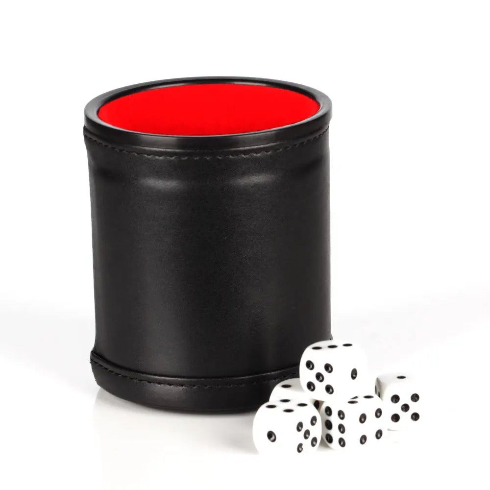 Black leather dice cup with a red lining and five white dice