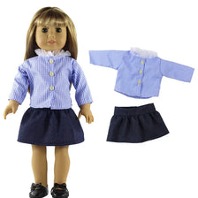 A doll wearing a blue and white gingham outfit with a white collar, including a top and skirt.
