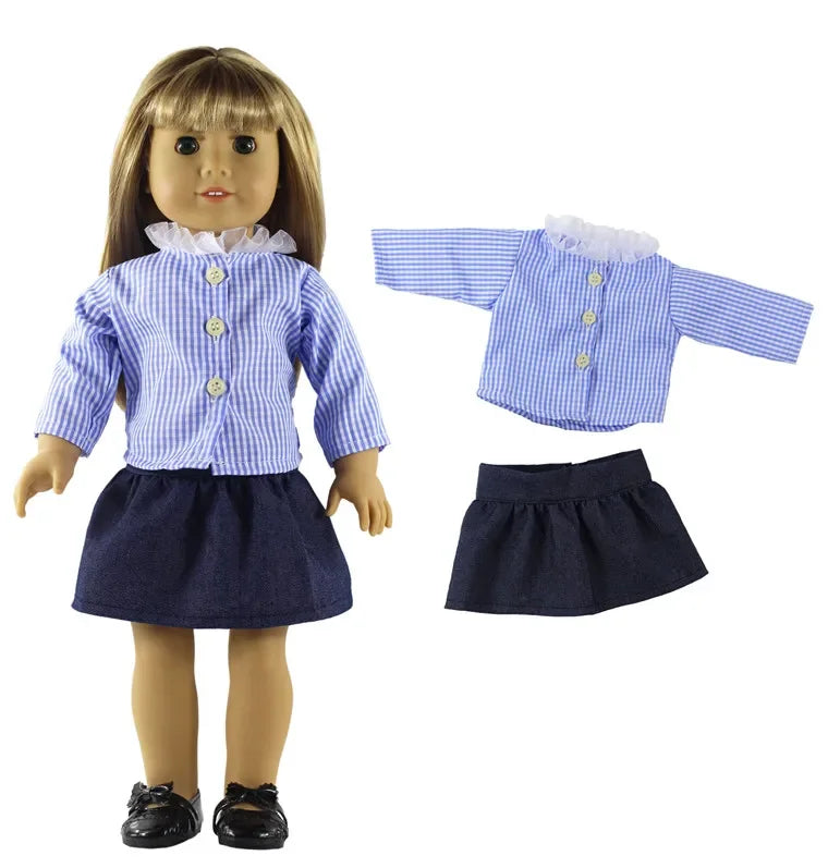 A doll wearing a blue and white gingham outfit with a white collar, including a top and skirt.