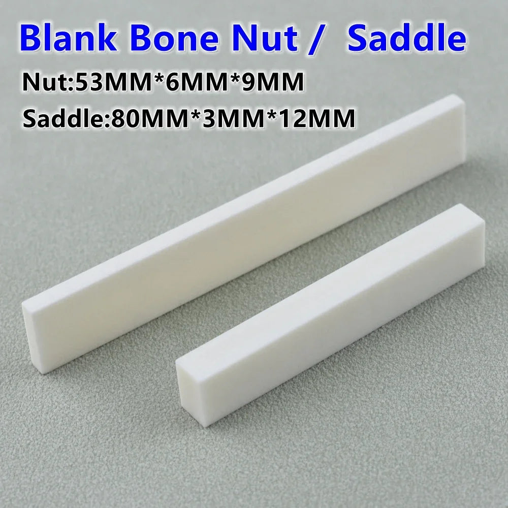 White blank bone nut and saddle pieces shown side by side