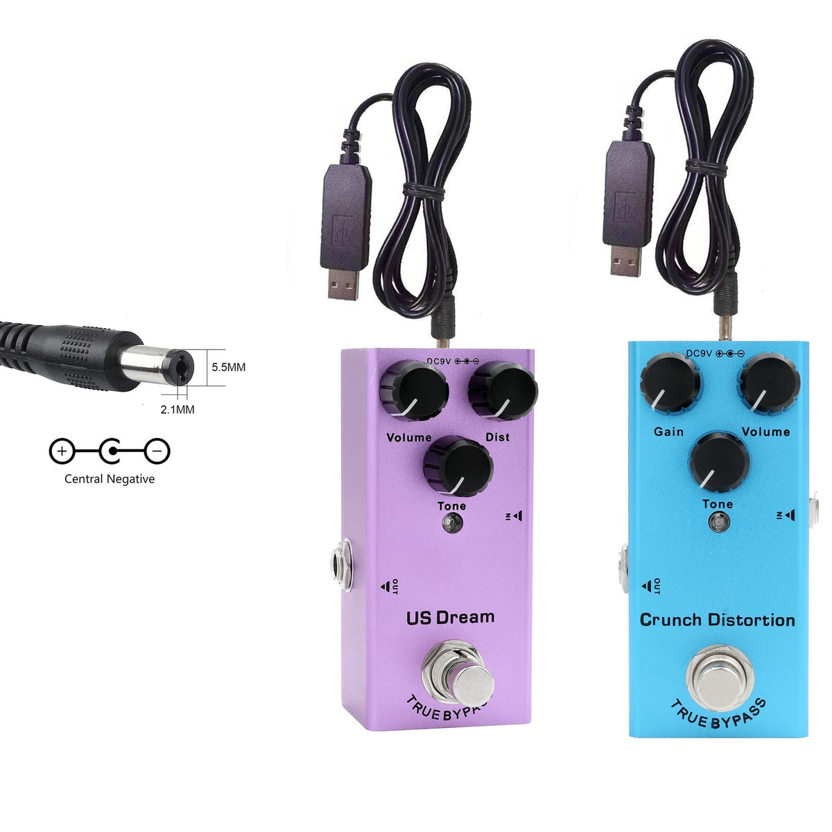 A purple guitar pedal with volume, tone, and true bypass controls, along with a black power supply adapter.