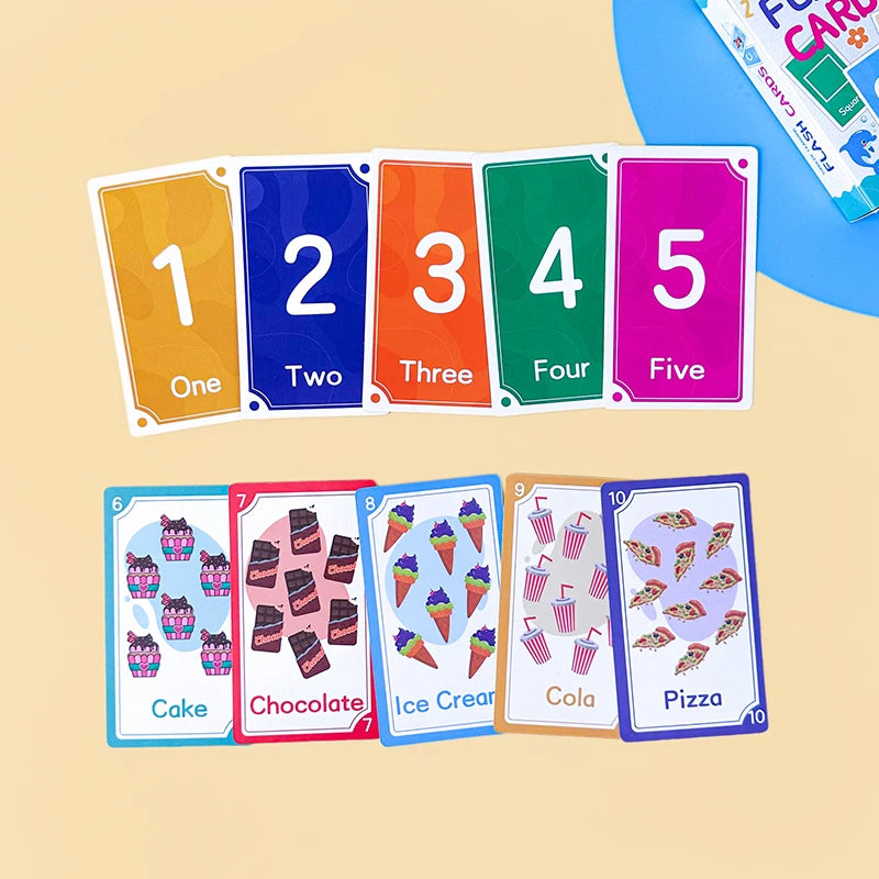 A set of colorful flash cards numbered one through five and ten featuring various food items like cake, chocolate, ice cream,