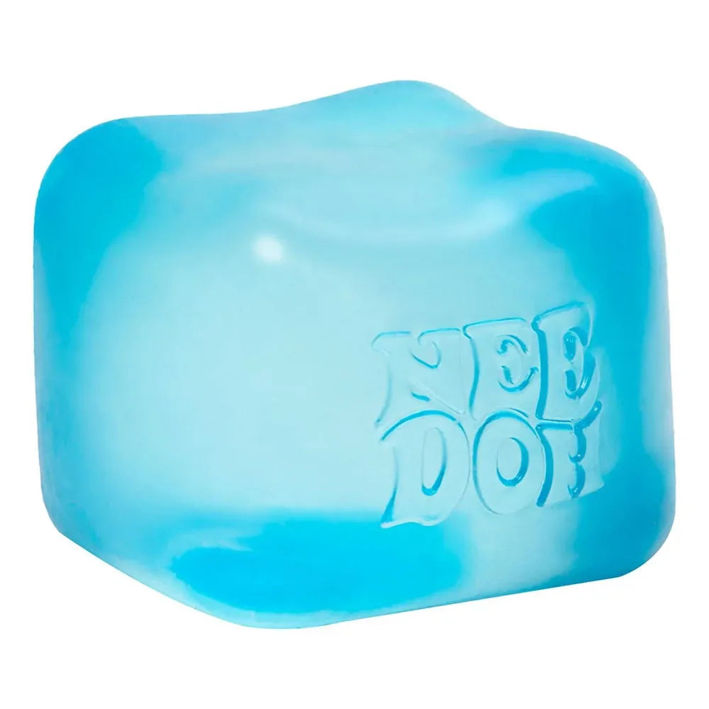 A translucent blue squishy cube sensory fidget toy with the word NEED on it.