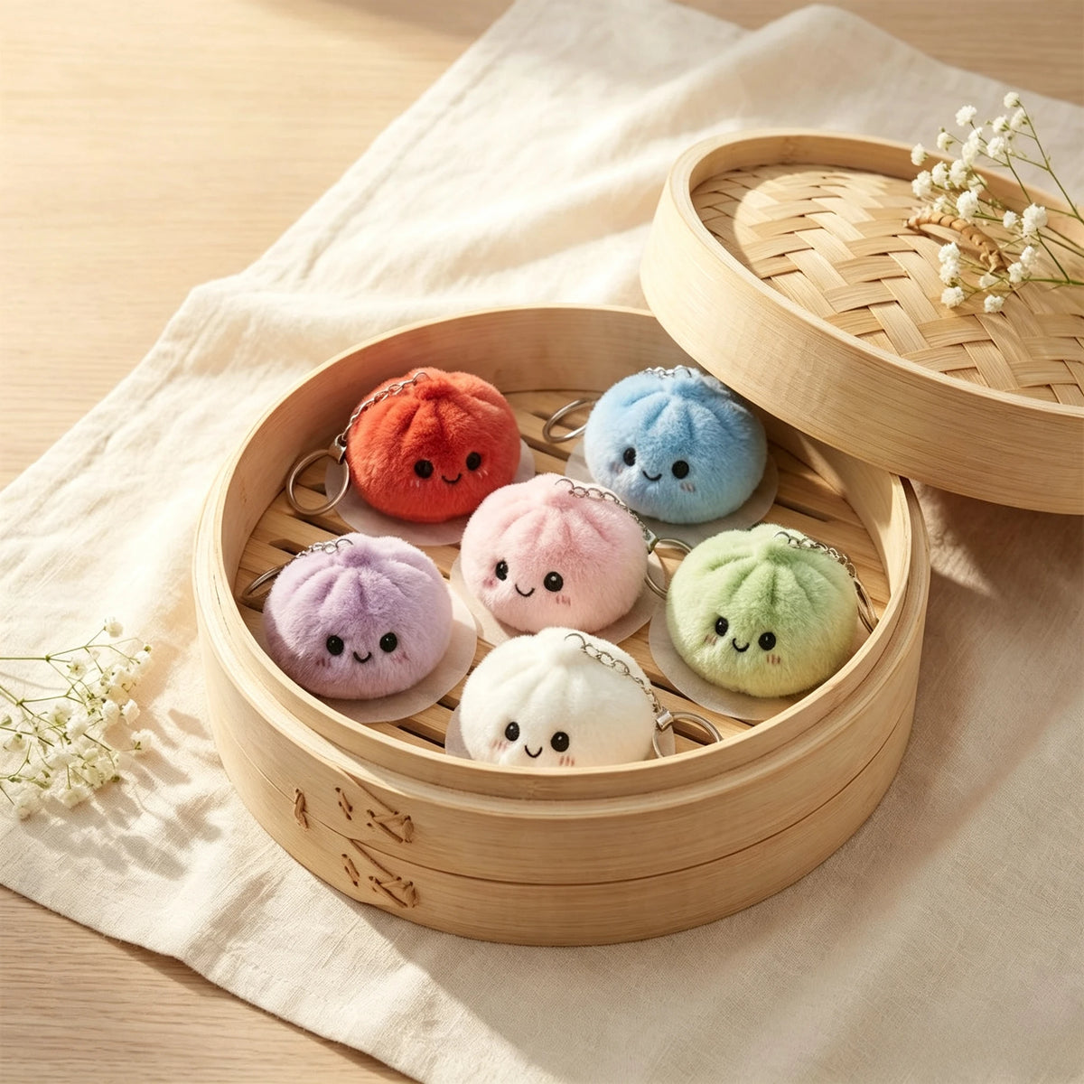 A set of adorable squishy dumpling keychain plush toys in various pastel colors resting in a wooden tray.
