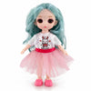 A 16cm articulated BJD princess doll with light blue hair wearing a white shirt and pink tutu skirt.