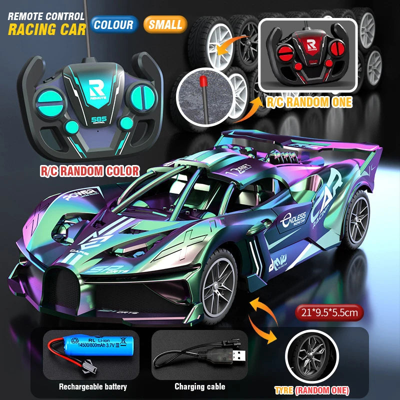 A remote control racing car with a purple and green design, showing the body, tires, and charging cable.
