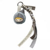 A blind box keychain featuring a gray head with yellow eyes and a textured, braided strap.