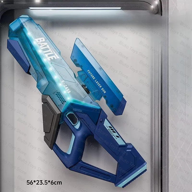 A blue futuristic laser gun toy is displayed in a packaging box.