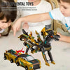 A child is playing with a yellow and black transforming dinosaur car toy.