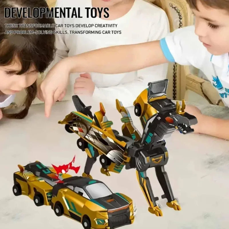 A child is playing with a yellow and black transforming dinosaur car toy.