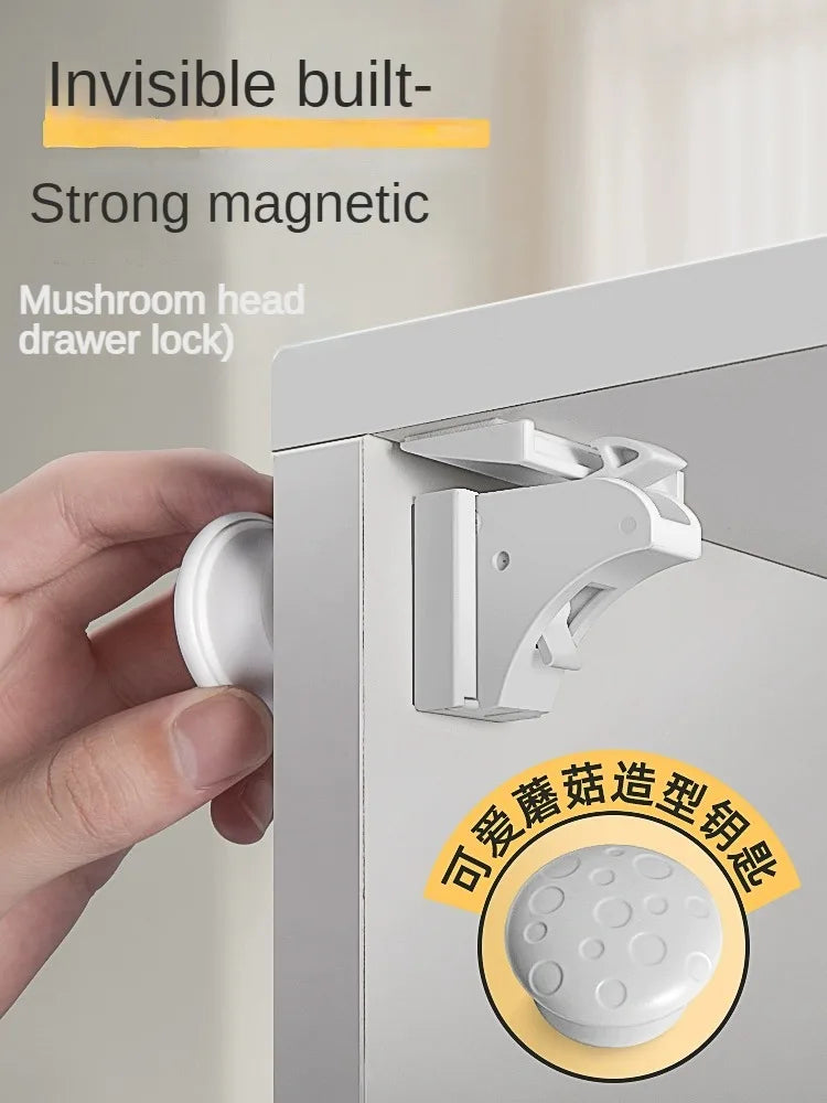 A hand is shown installing an invisible built strong magnetic mushroom head drawer lock onto a cabinet or drawer.