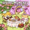 A colorful illustration of a Spring Moments fuzzy buddies coloring book featuring cute animals and floral designs.