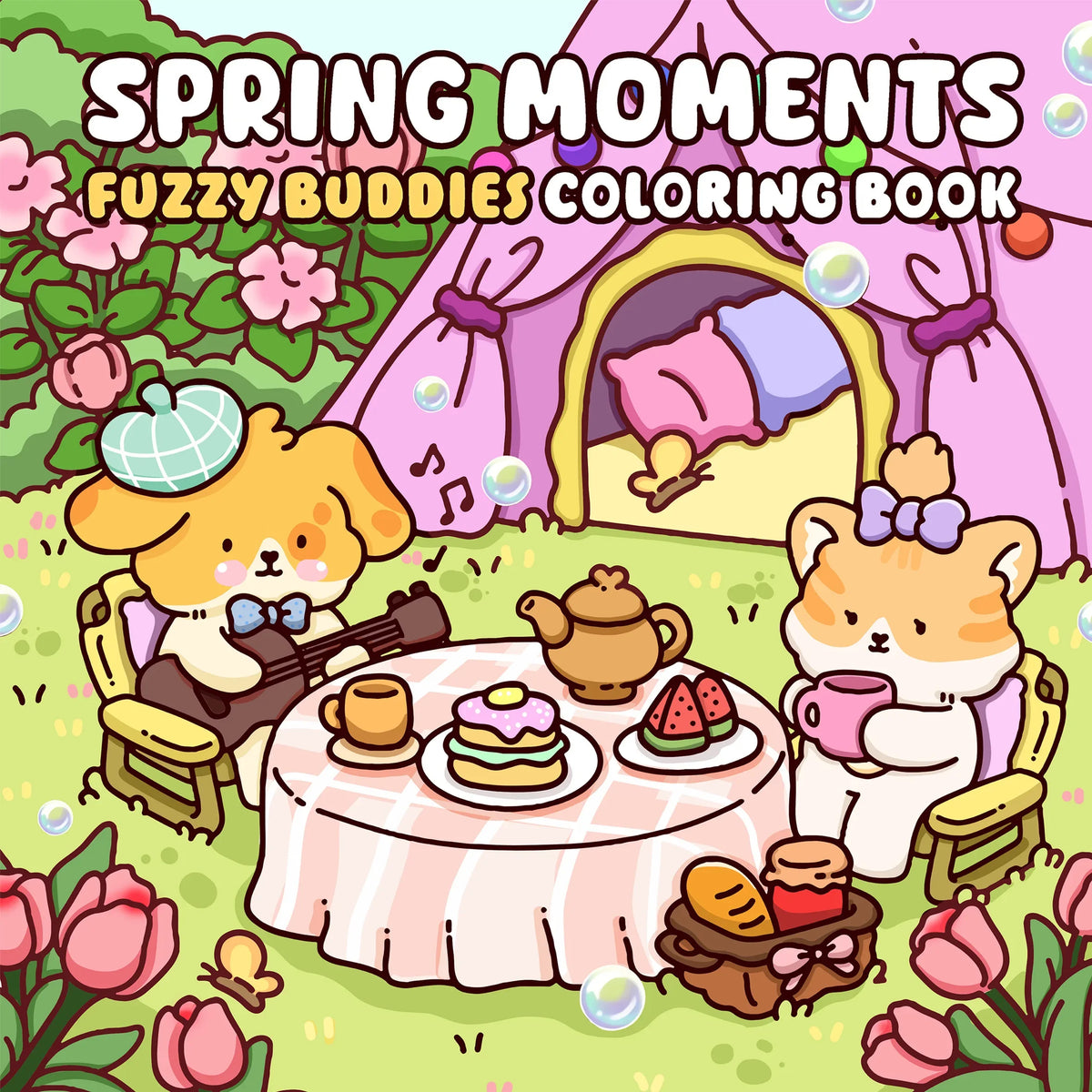 A colorful illustration of a Spring Moments fuzzy buddies coloring book featuring cute animals and floral designs.