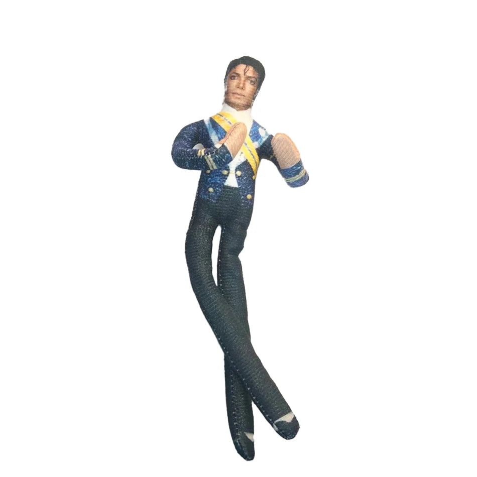 Poseable Michael Jackson plush doll with bendable limbs wearing a blue and gold outfit