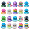 A collection of colorful squishy donut fidget stress relief keychains in various shades and designs.