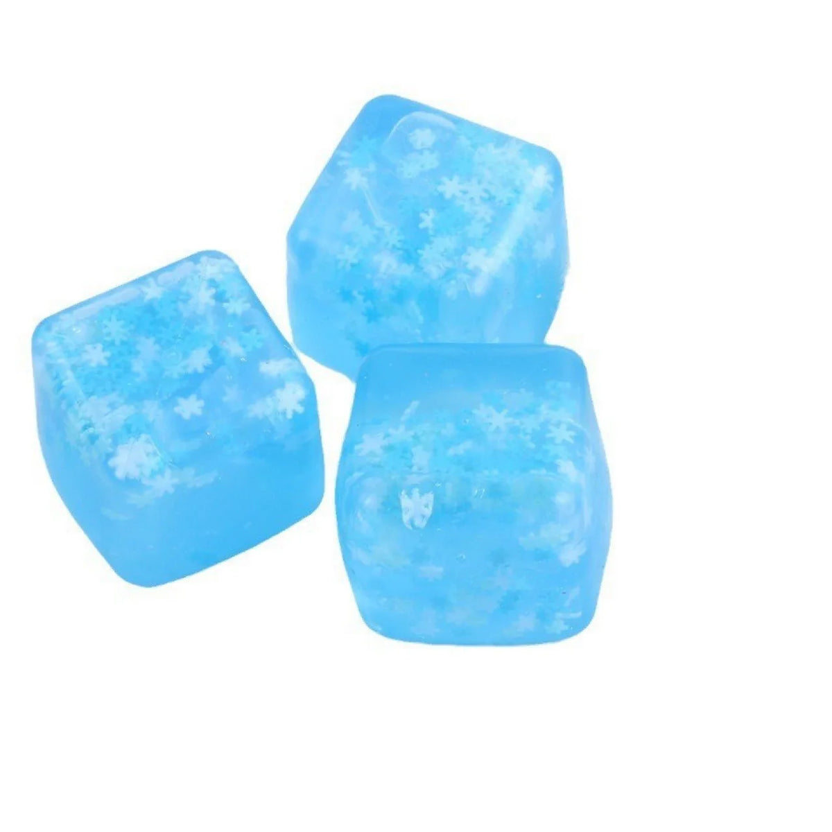Two translucent blue squishy stress cubes with snowflake designs