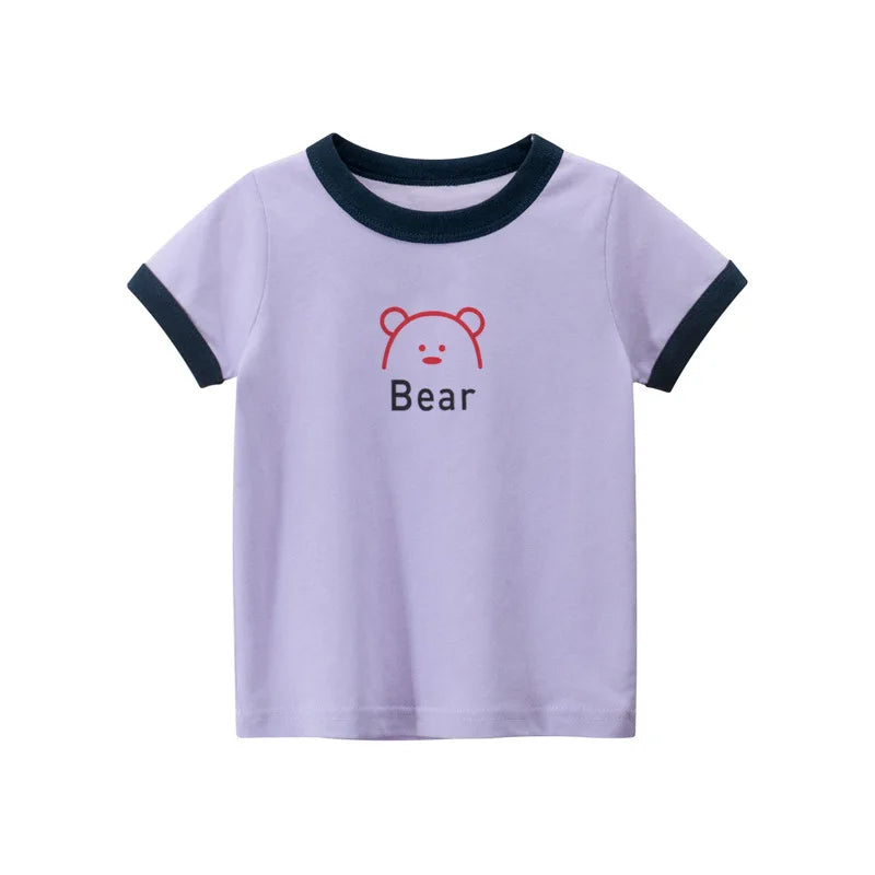 Light purple short-sleeve t-shirt with a cute bear face print and dark trim.