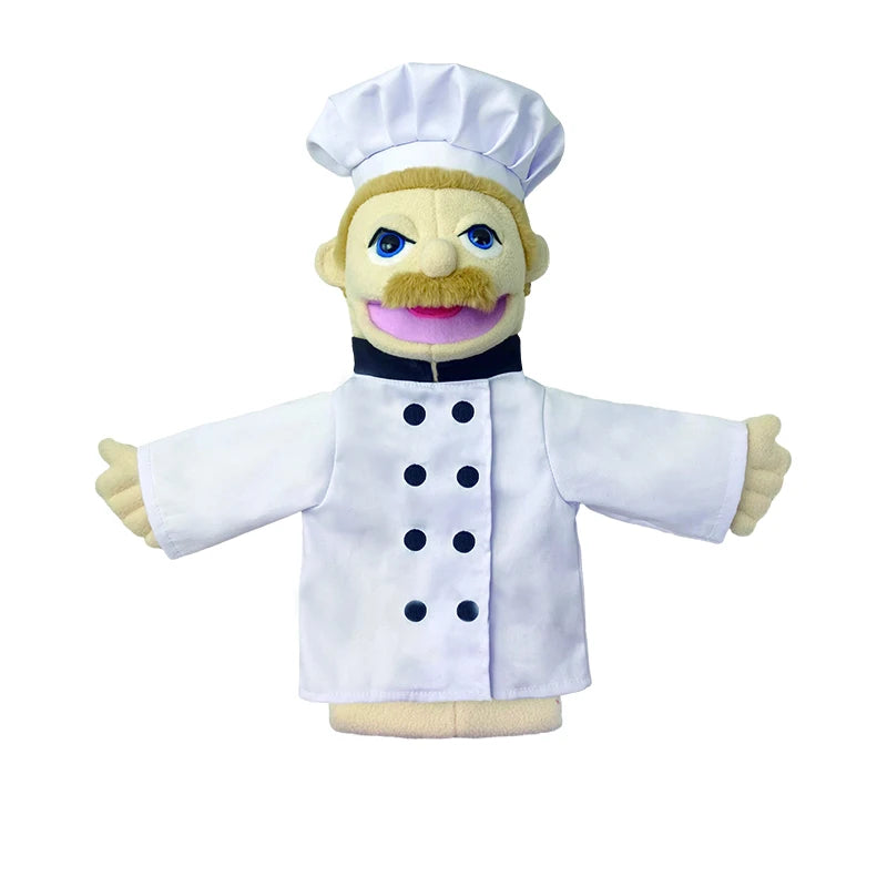 A plush hand puppet of a chef with blonde hair and a white uniform
