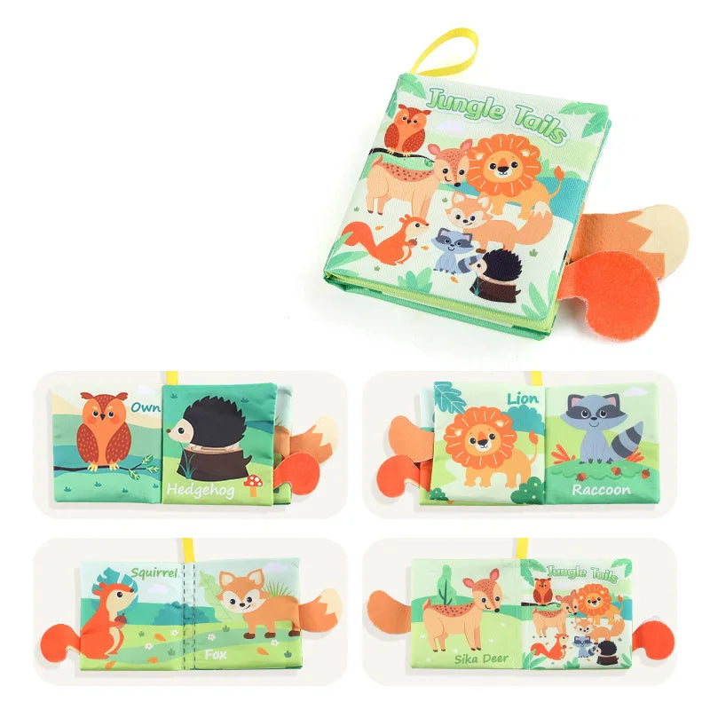 A set of soft fabric baby books featuring jungle animals like a tiger, lion, and raccoon with tails.