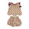 Girls summer two-piece set featuring a yellow and red vertical stripe with small red dots