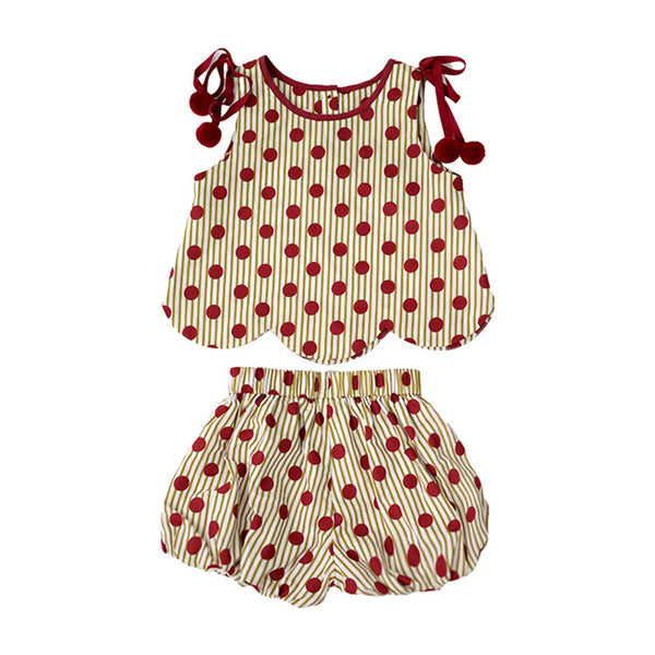 Girls summer two-piece set featuring a yellow and red vertical stripe with small red dots