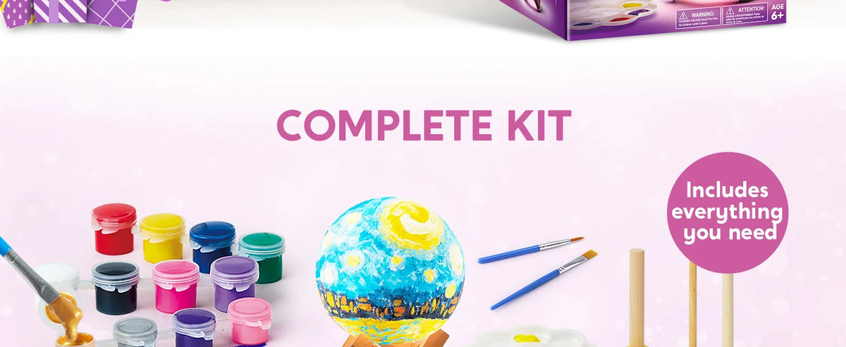 A complete kit for a DIY 3D moon night light craft featuring various colorful paints, tools, and a spherical moon object.