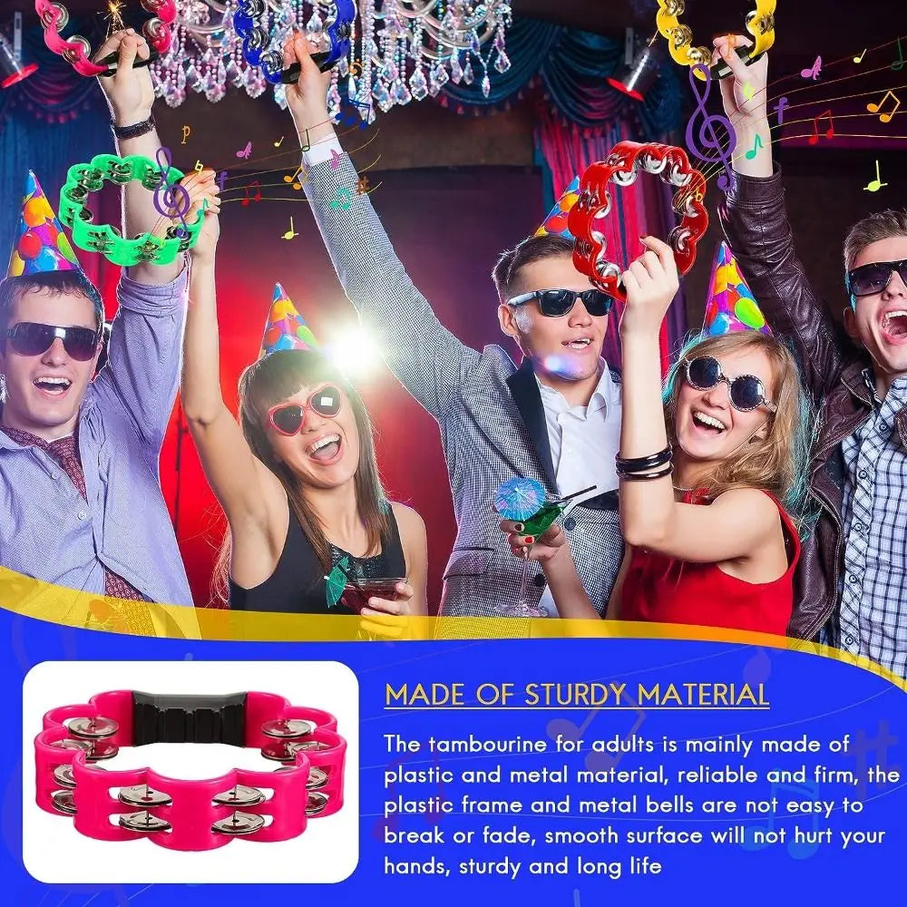 A close-up of a pink petal-shaped hand-cranked tambourine with an ergonomic grip shown in a product photo.