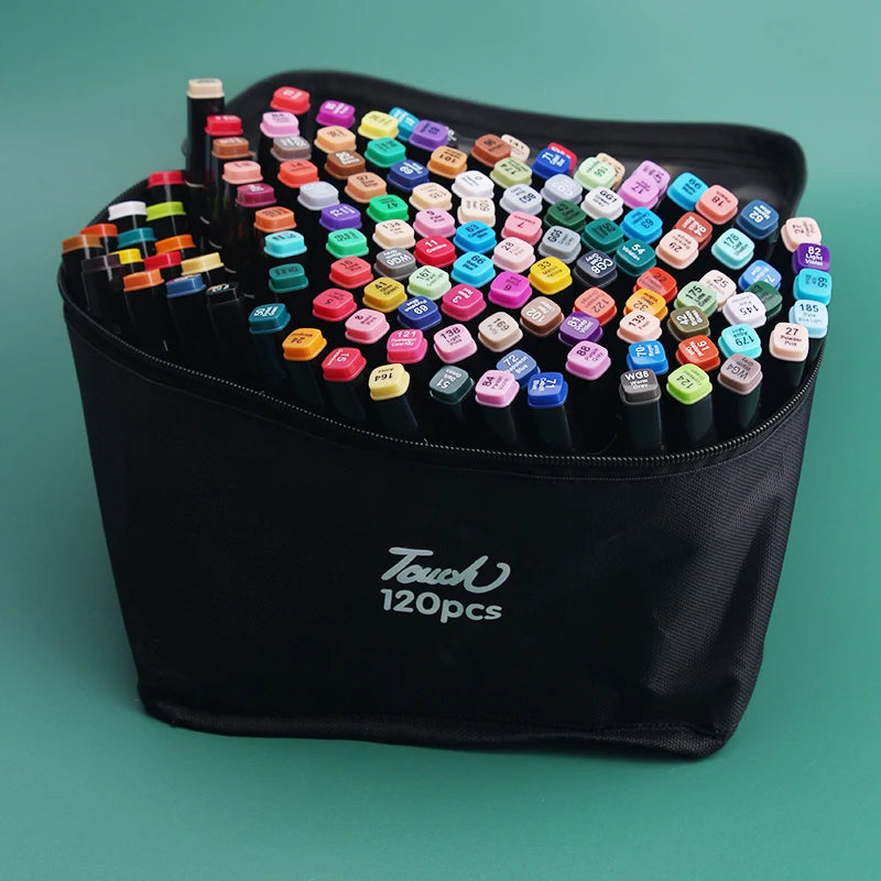 A black pouch filled with 120 alcohol art markers in various colors and tips.