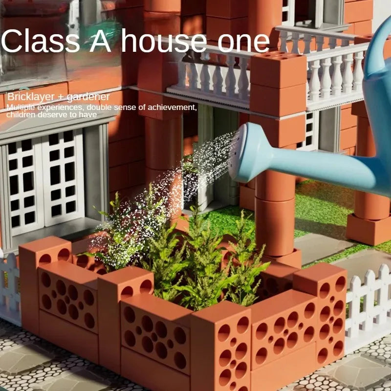 A Class A house model featuring bricklaying and gardening elements in a miniature architectural set.