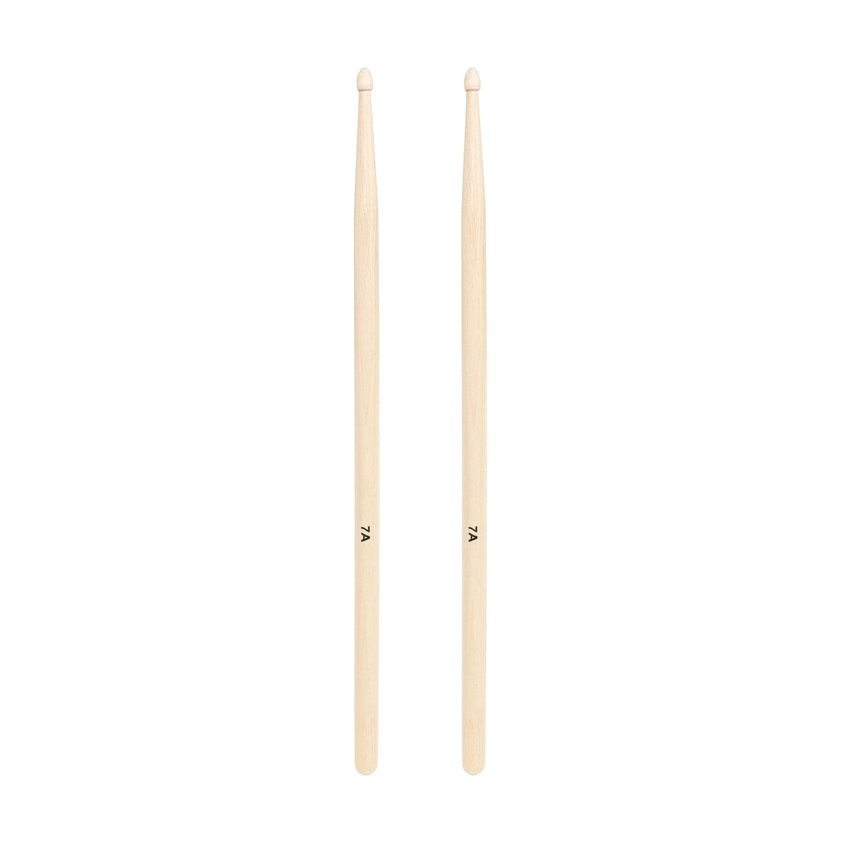 A pair of light wood drumsticks with a tapered design for practice and performance.
