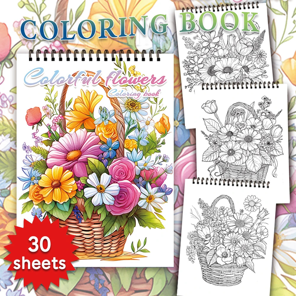 A coloring book featuring colorful flowers and botanical designs for adult coloring.