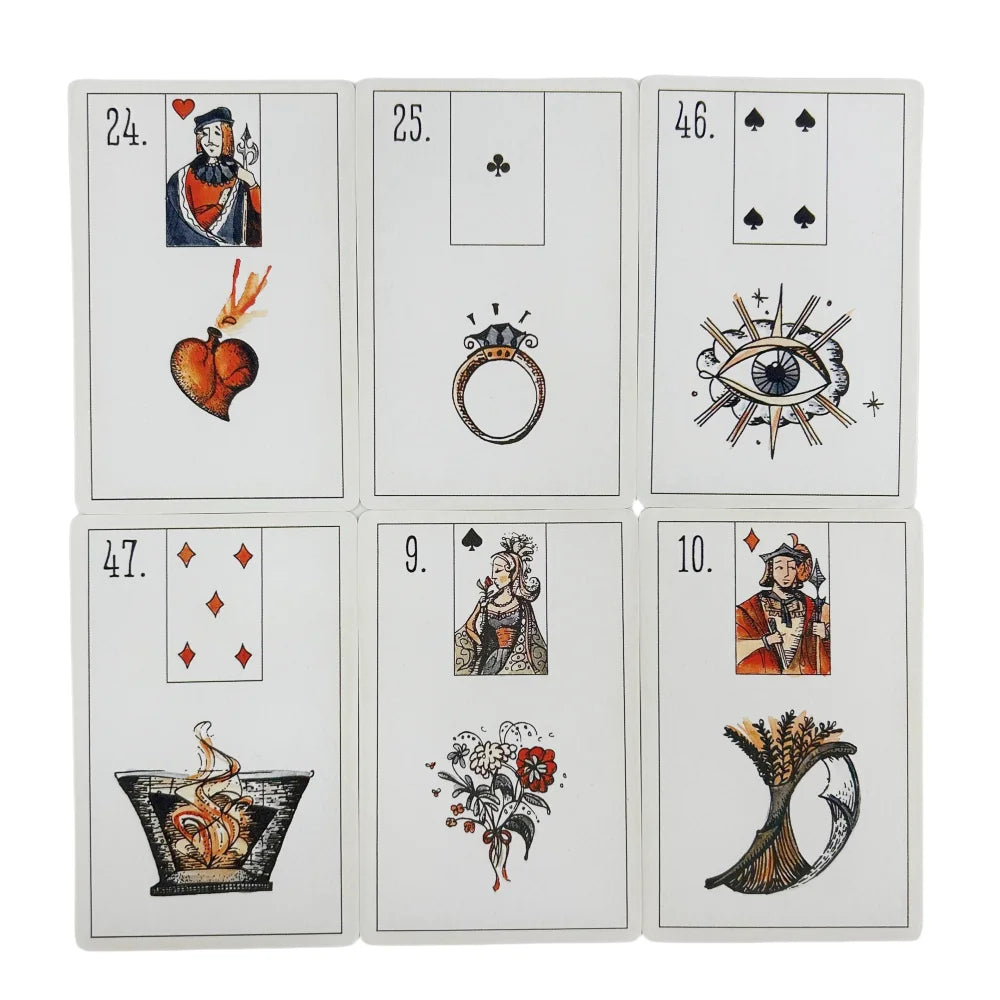 A collection of Lenormand oracle cards showing various illustrations and symbols.