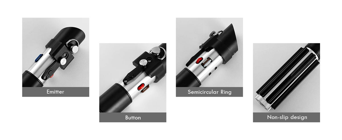 Components of the Vader Dark Lord lightsaber including the emitter, button, semicircular ring, and non-slip design.