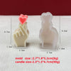 A white silicone mold for making heart-shaped candles, showing the finished product and dimensions.